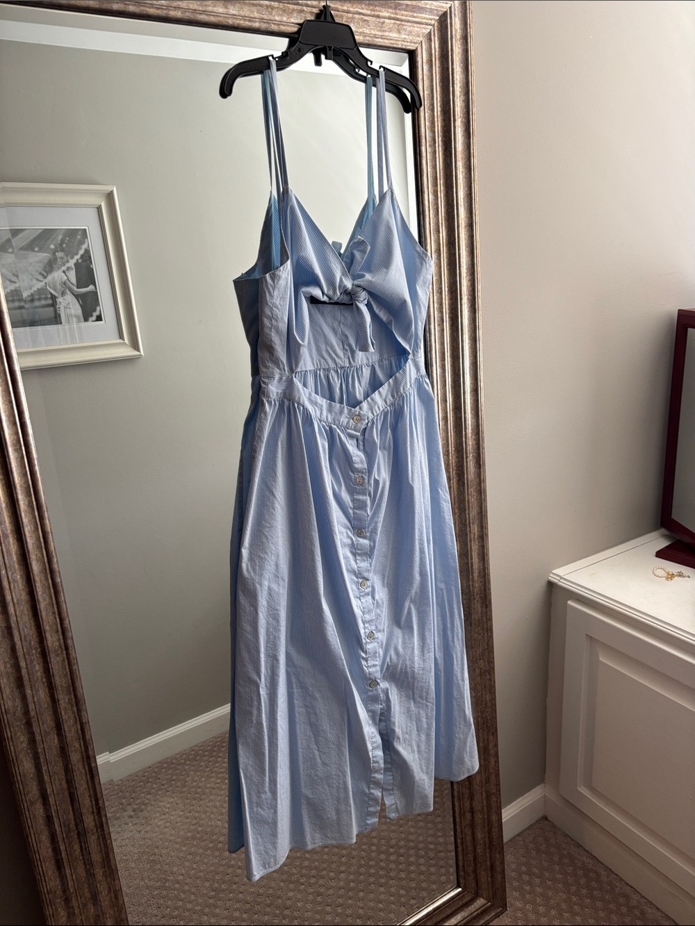 Zara Light Blue Button-Front Midi Dress with Tie Bodice